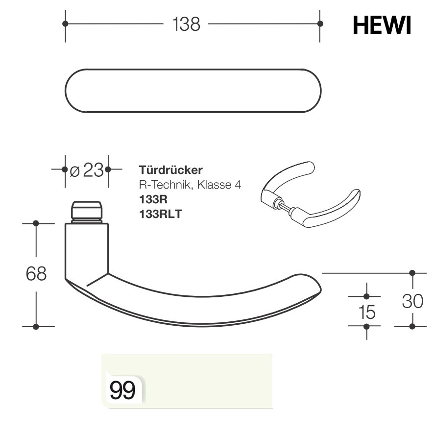 HEWI 133R Türdrücker, ø 23mm, durchg. Stahlkern, R-Technik, reinweiß, VK8, TS38,1-48,0